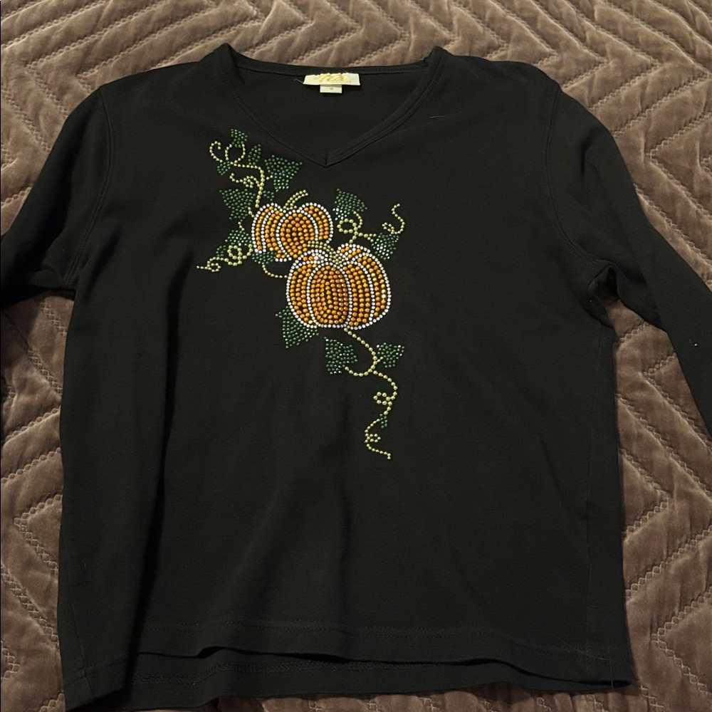 Black Long Sleeve v neck black Top with Pumpkin Design sequins bling Halloween